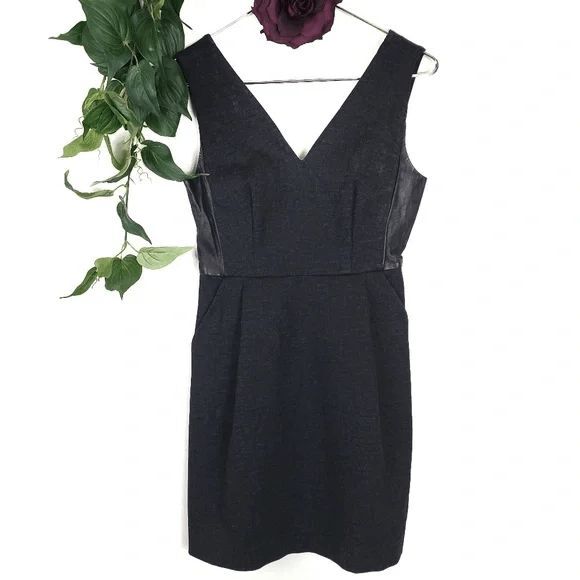 Madewell Leather Charcoal Gray Insert Pointe V Neck Leather Panel Dress Size: 0 - Picture 7 of 7